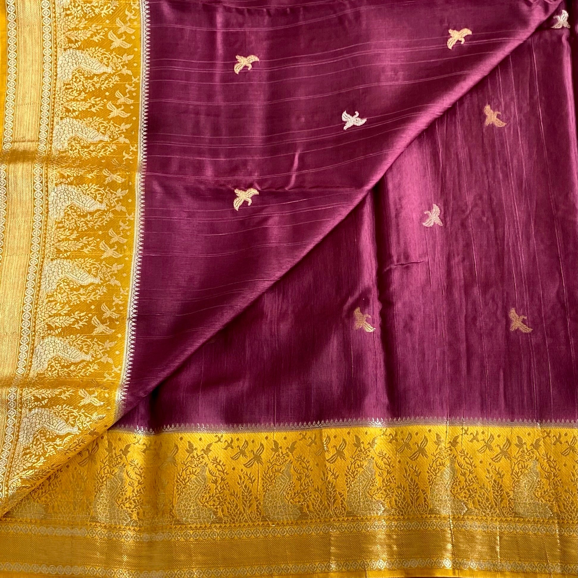 Deep Maroon With Yellow Soft Tussar Silk Saree With Mustard Yellow Pallu