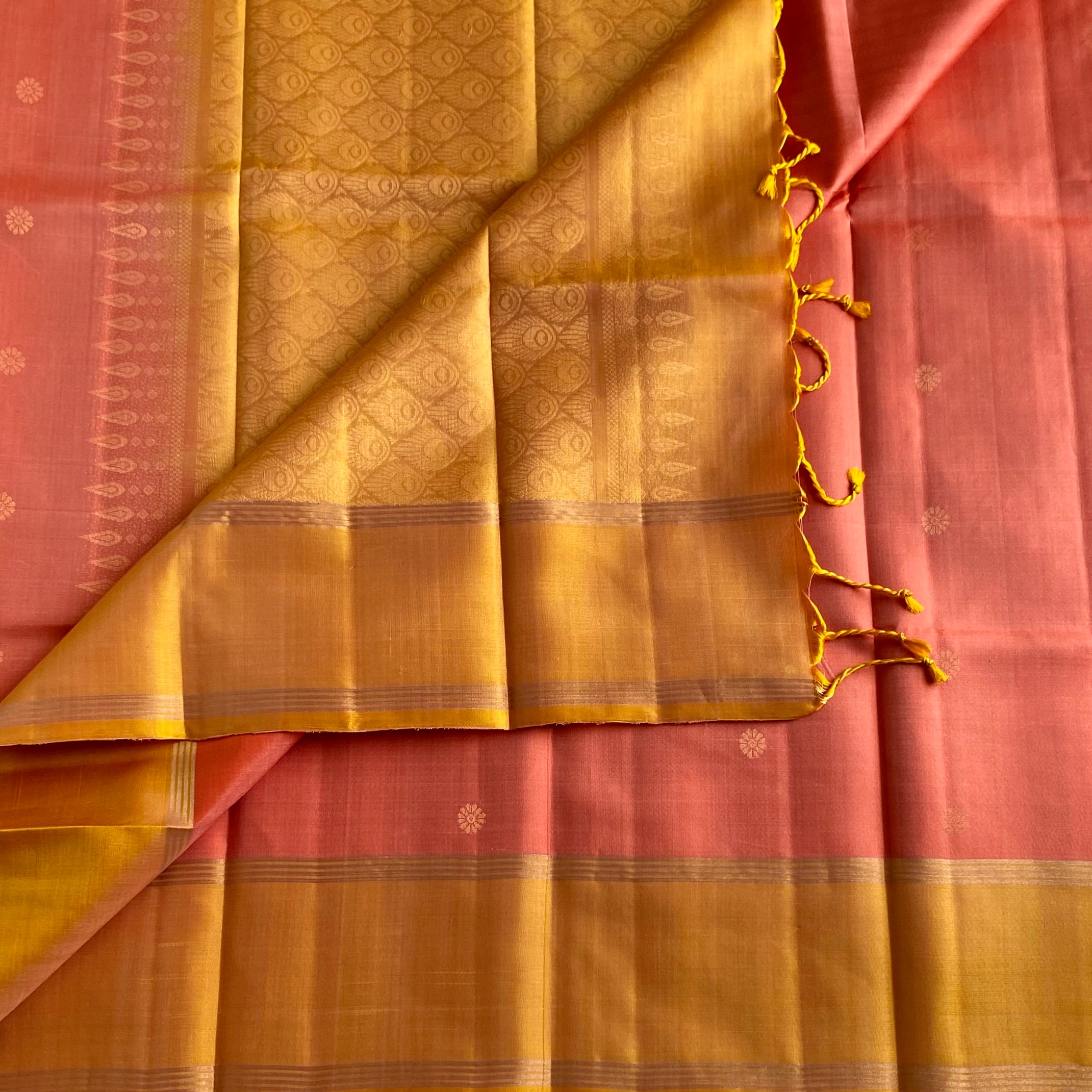 Coral Peach Designer Pure Silk Saree With Mustard Gold Border