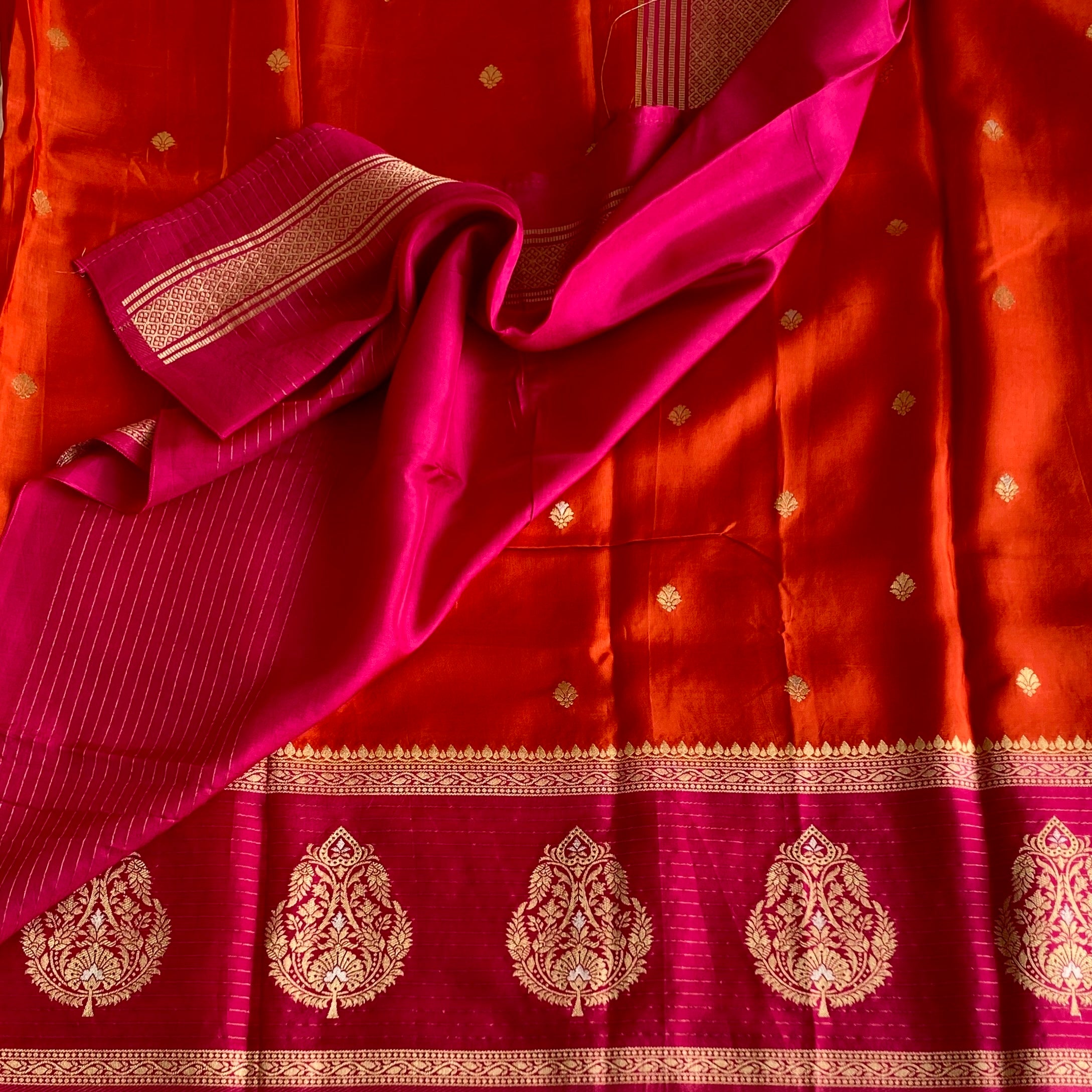 Burnt Orange Soft Tussar Silk Saree With Rani Pink Pallu
