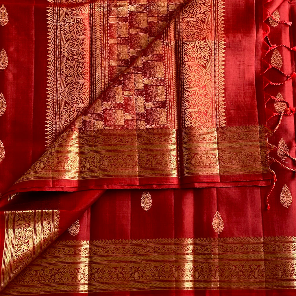 Deep Reddish Maroon Designer Pure Silk Saree With Antique Gold Border