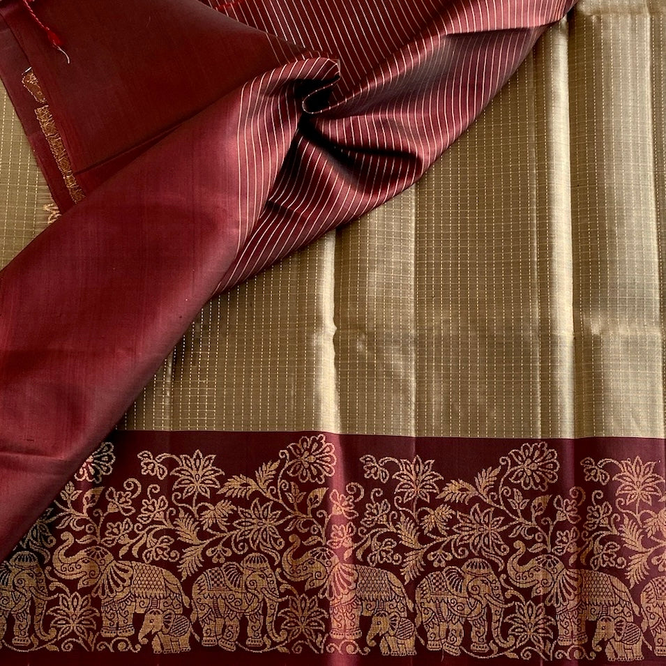 Champagne Greyish Gold Designer Pure Silk Saree With Burgundy Brown Pallu