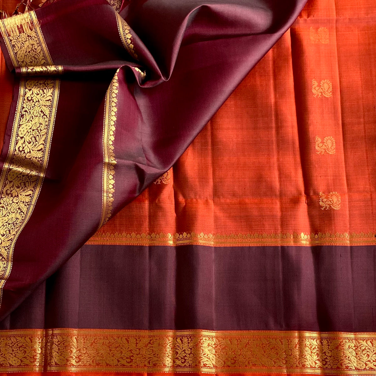 Burnt Orange & Deep Plum Designer Pure Silk Saree