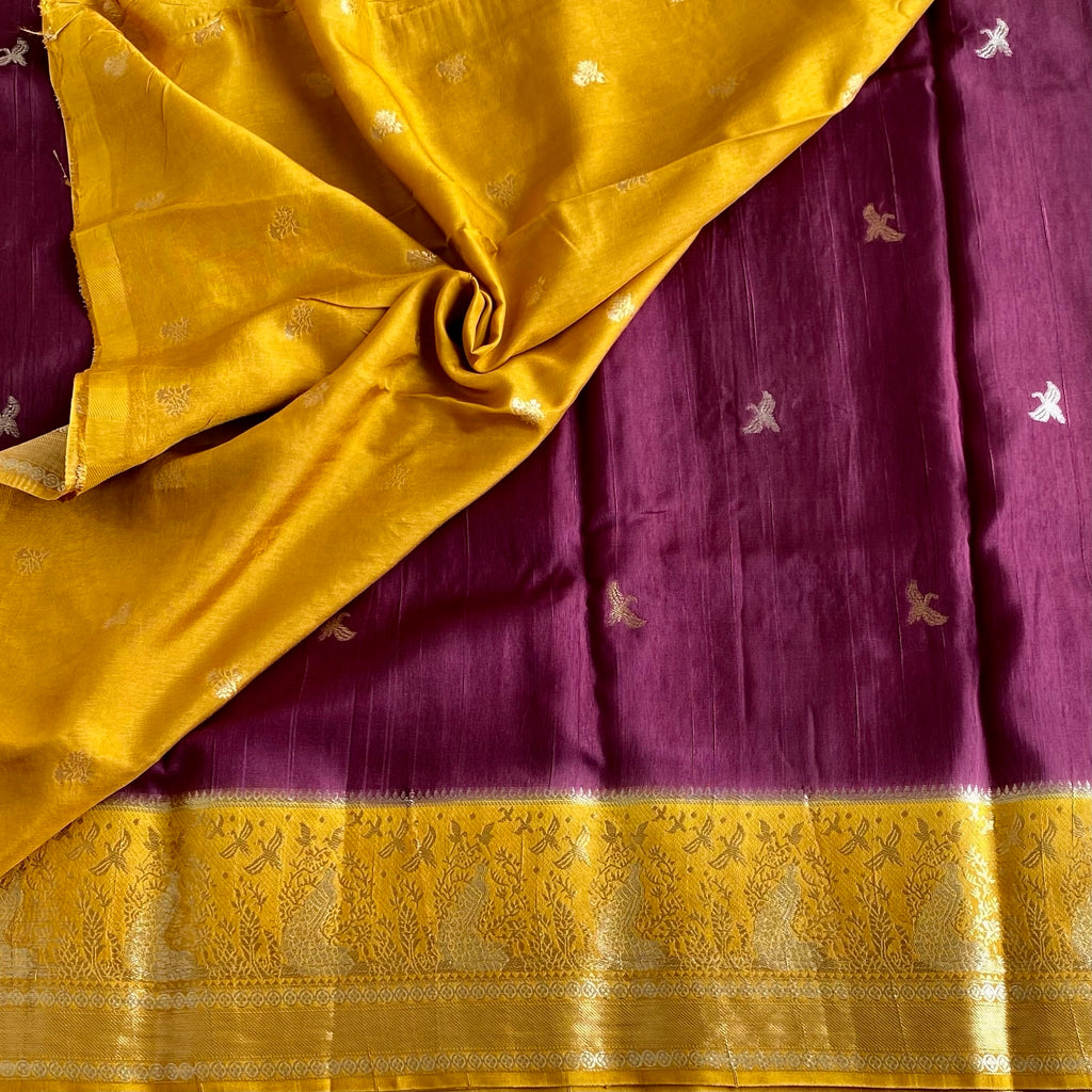 Deep Maroon With Yellow Soft Tussar Silk Saree With Mustard Yellow Pallu