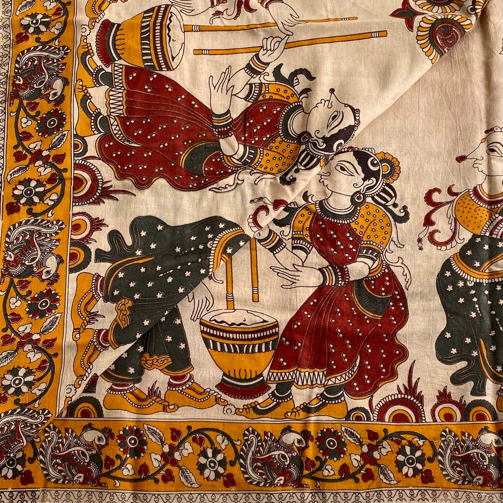 Natural Beige Soft Kalamkari Cotton Saree With Deep Maroon Designer Prints