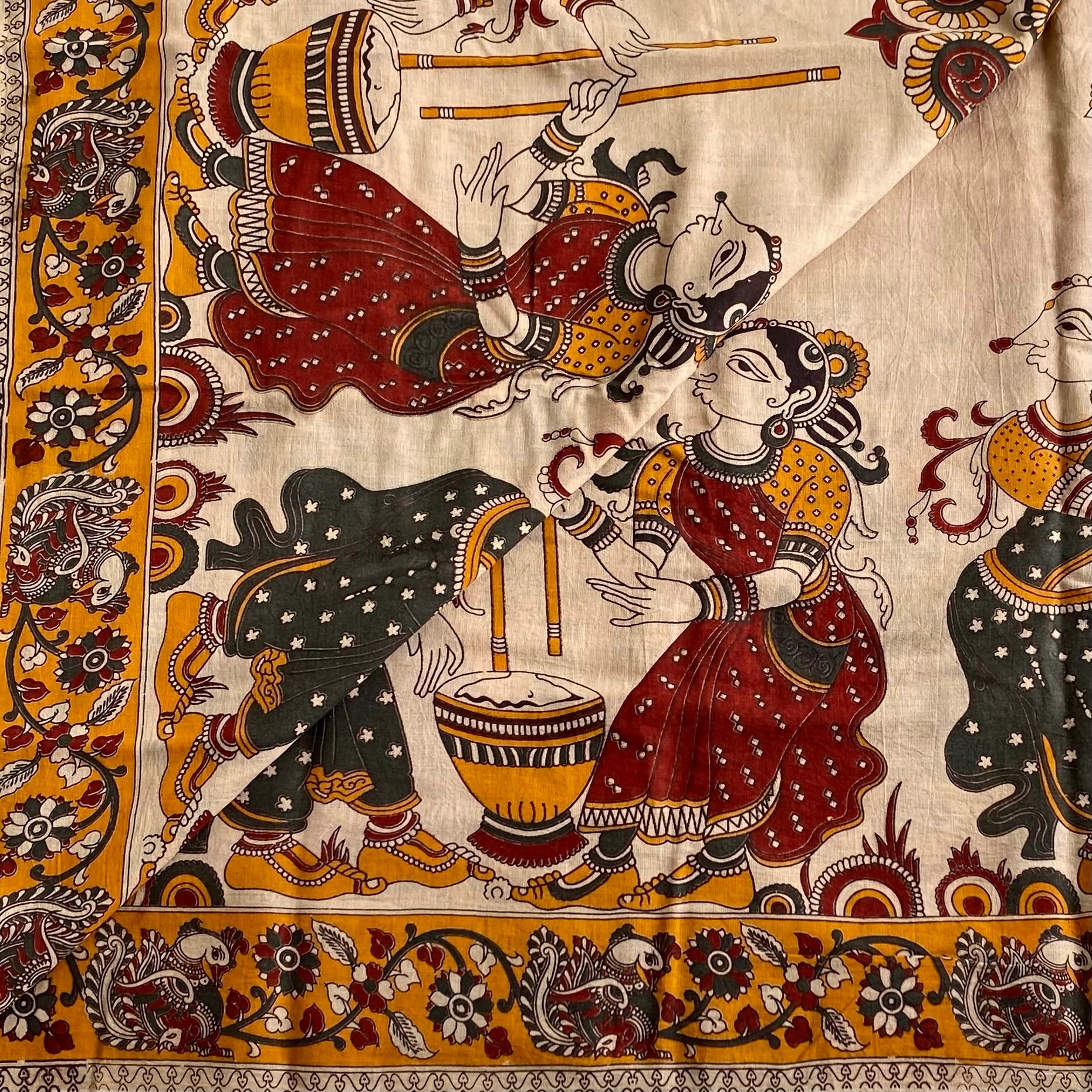 Natural Beige Soft Kalamkari Cotton Saree With Deep Maroon Designer Prints