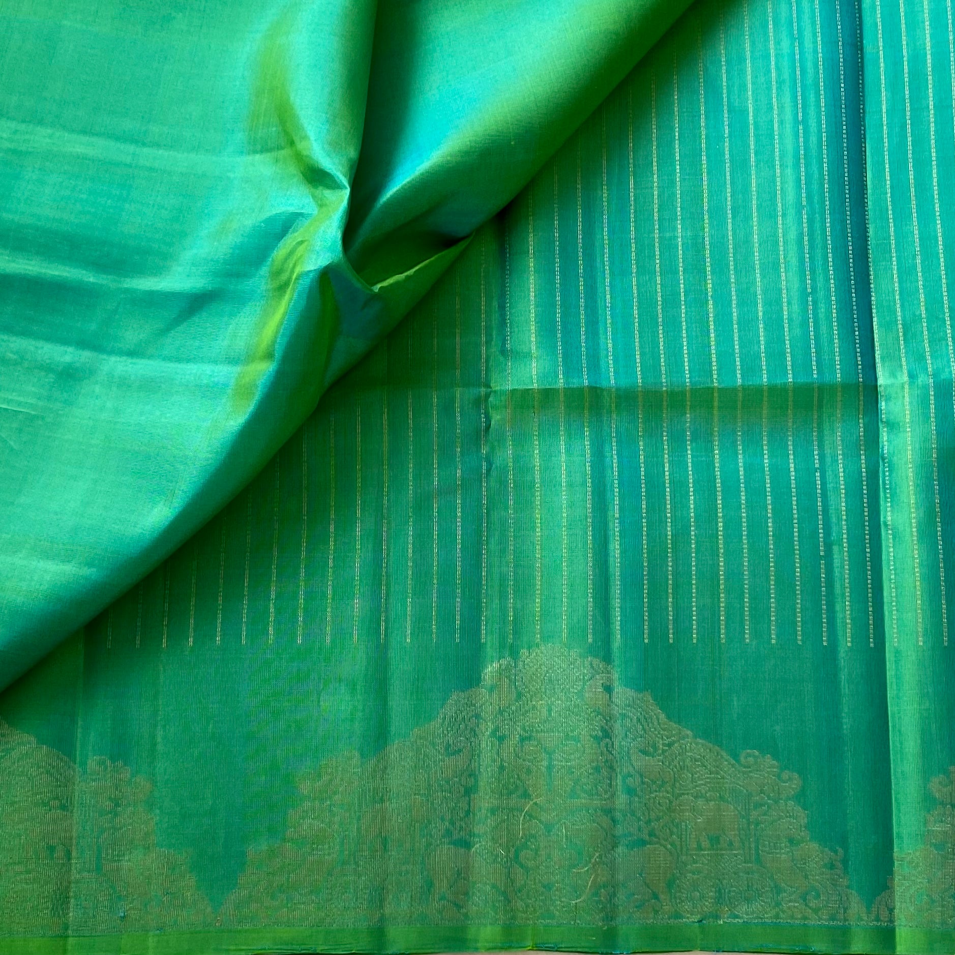 Emerald Teal Silk Saree Pale Gold Zari Elephant Border Tassels