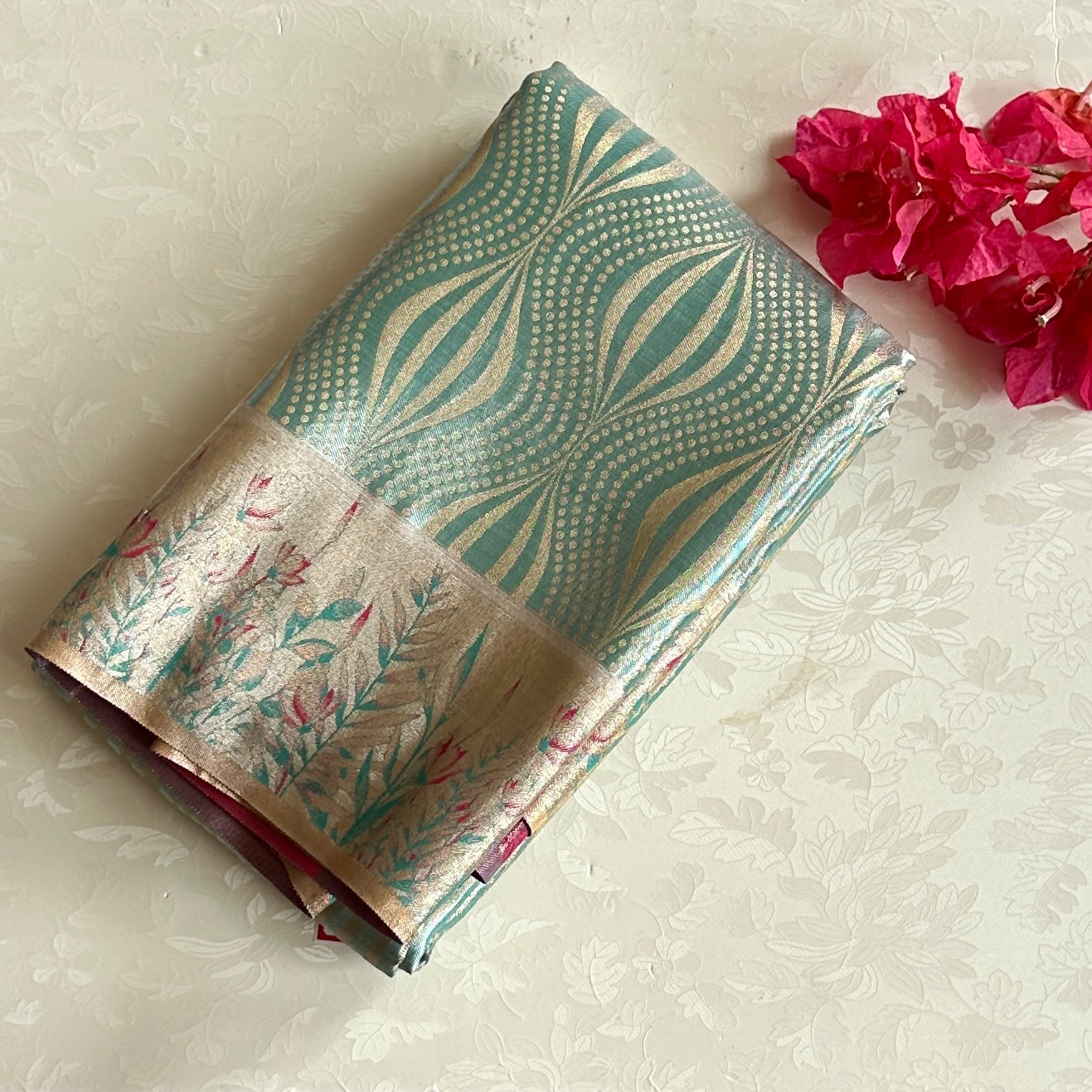 Peach Pink Brocade Saree with Mint Teal Pallu and Zari