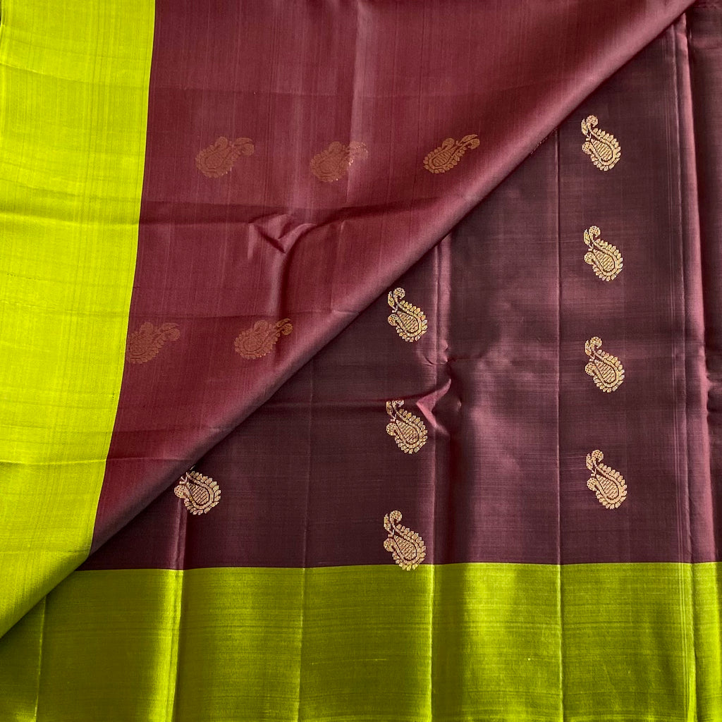 Chocolate Fantasy With Chartreuse Green Designer Pure Silk Saree