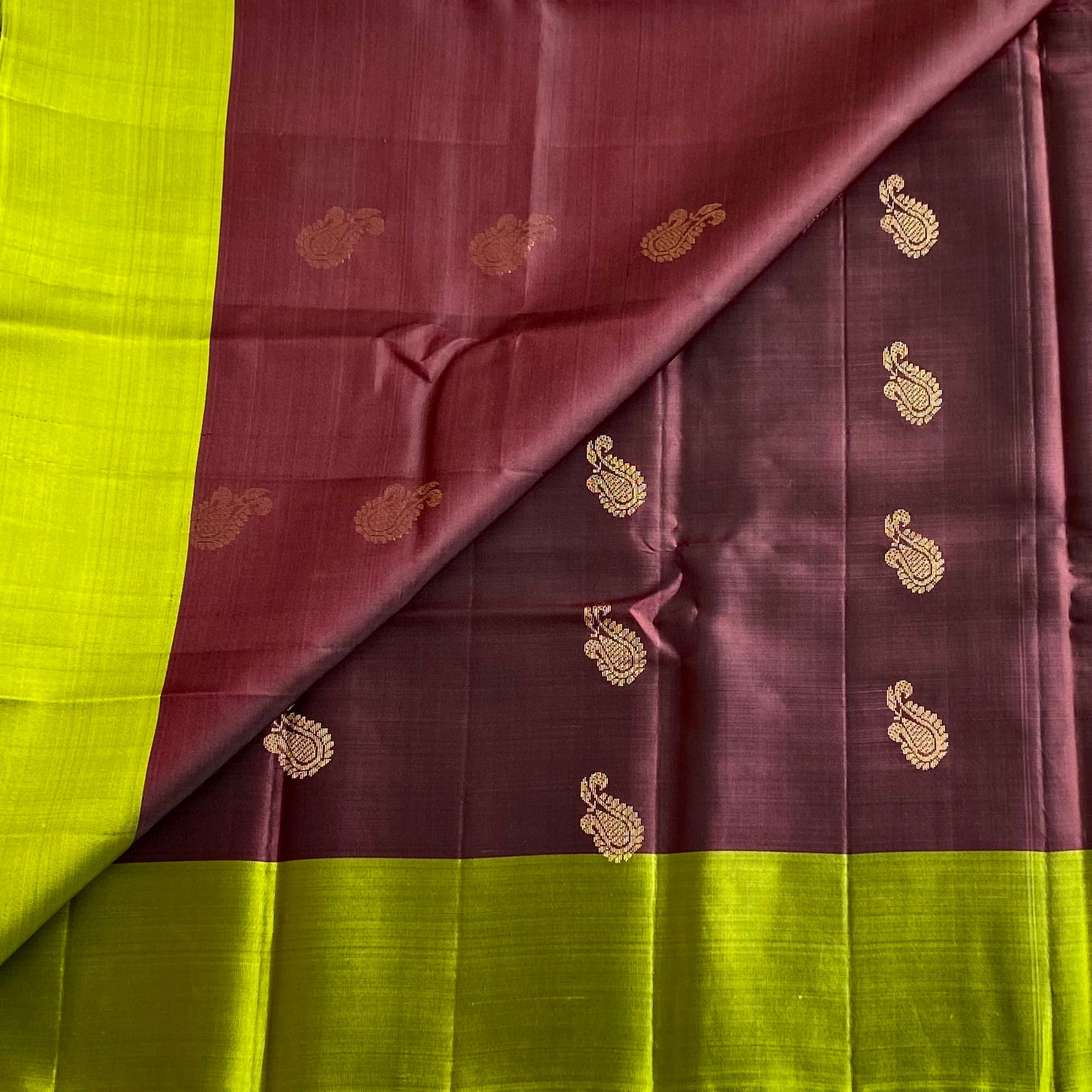 Chocolate Fantasy With Chartreuse Green Designer Pure Silk Saree