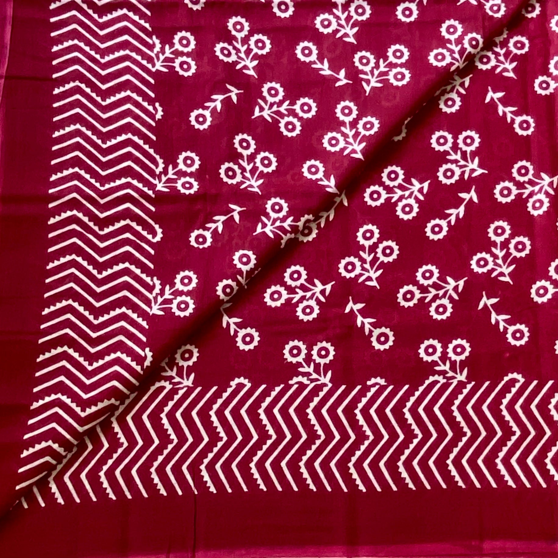Deep Maroon Floral Block Print Cotton Saree Chevron Border Traditional