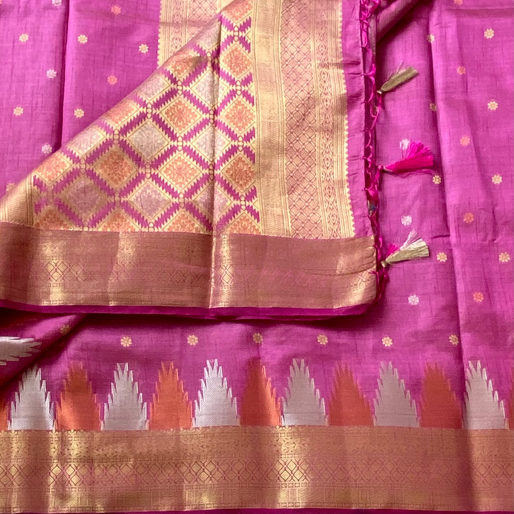 Deep mauve pink soft tussar silk with temple borders