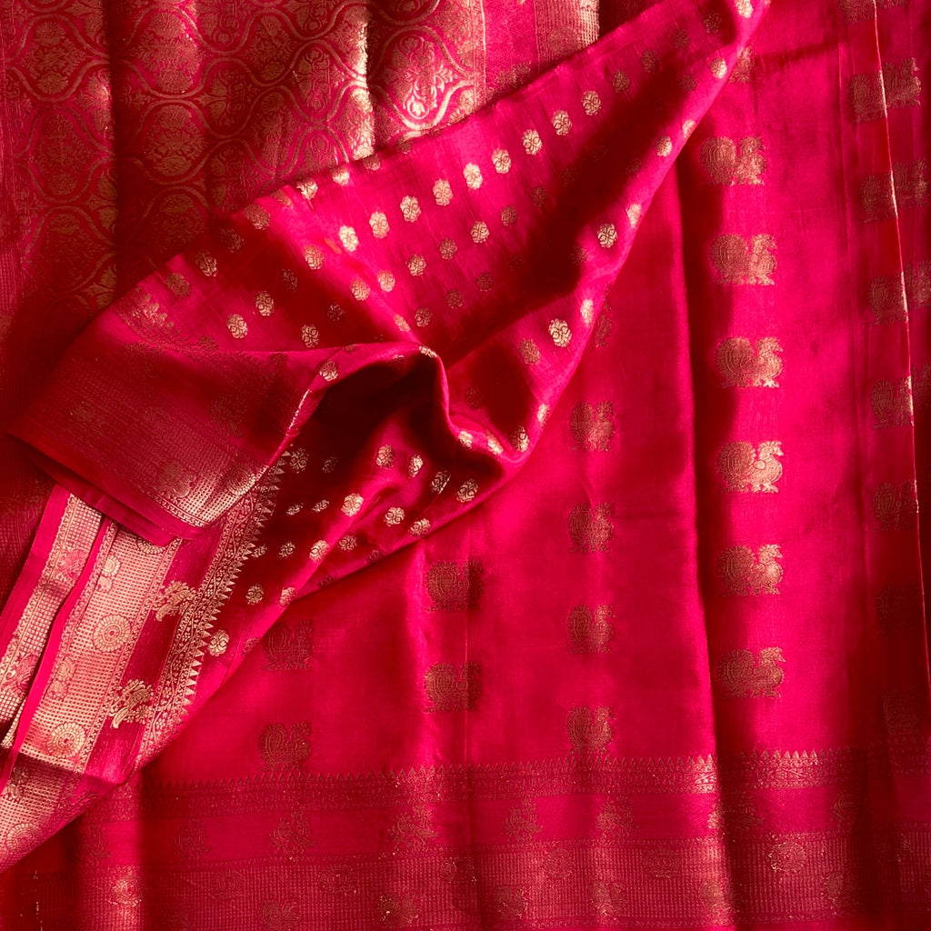 Fuchsia Silk Saree With Gold Brocade Butta Floral Pallu Traditional