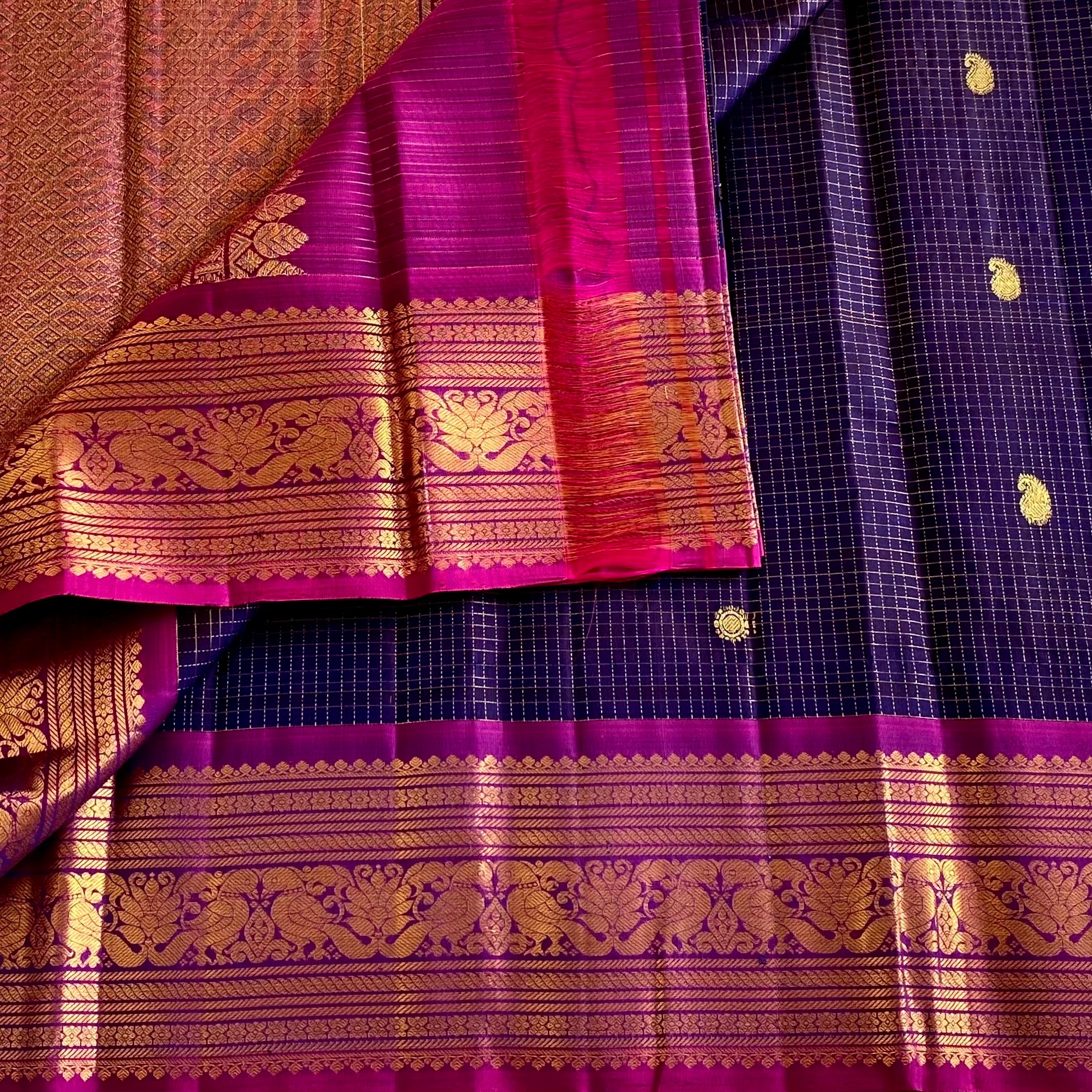Indigo Bluish Purple Kanjeevaram Pure Zari Silk With Royal Magenta Pallu