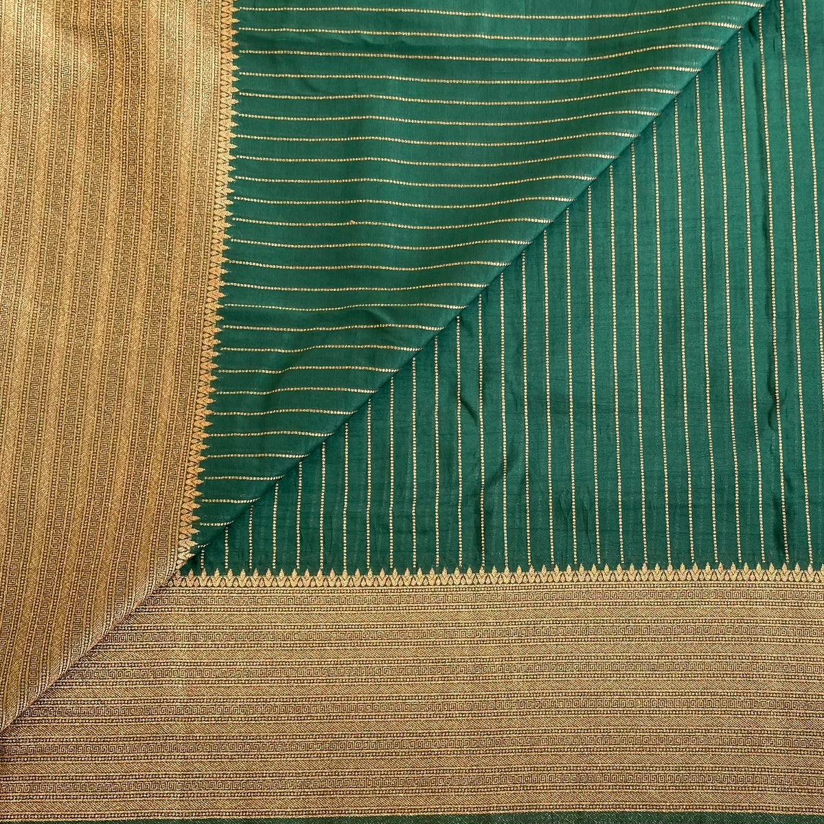 Bottle Green Soft Tussar Silk Saree With Antique Gold Pallu