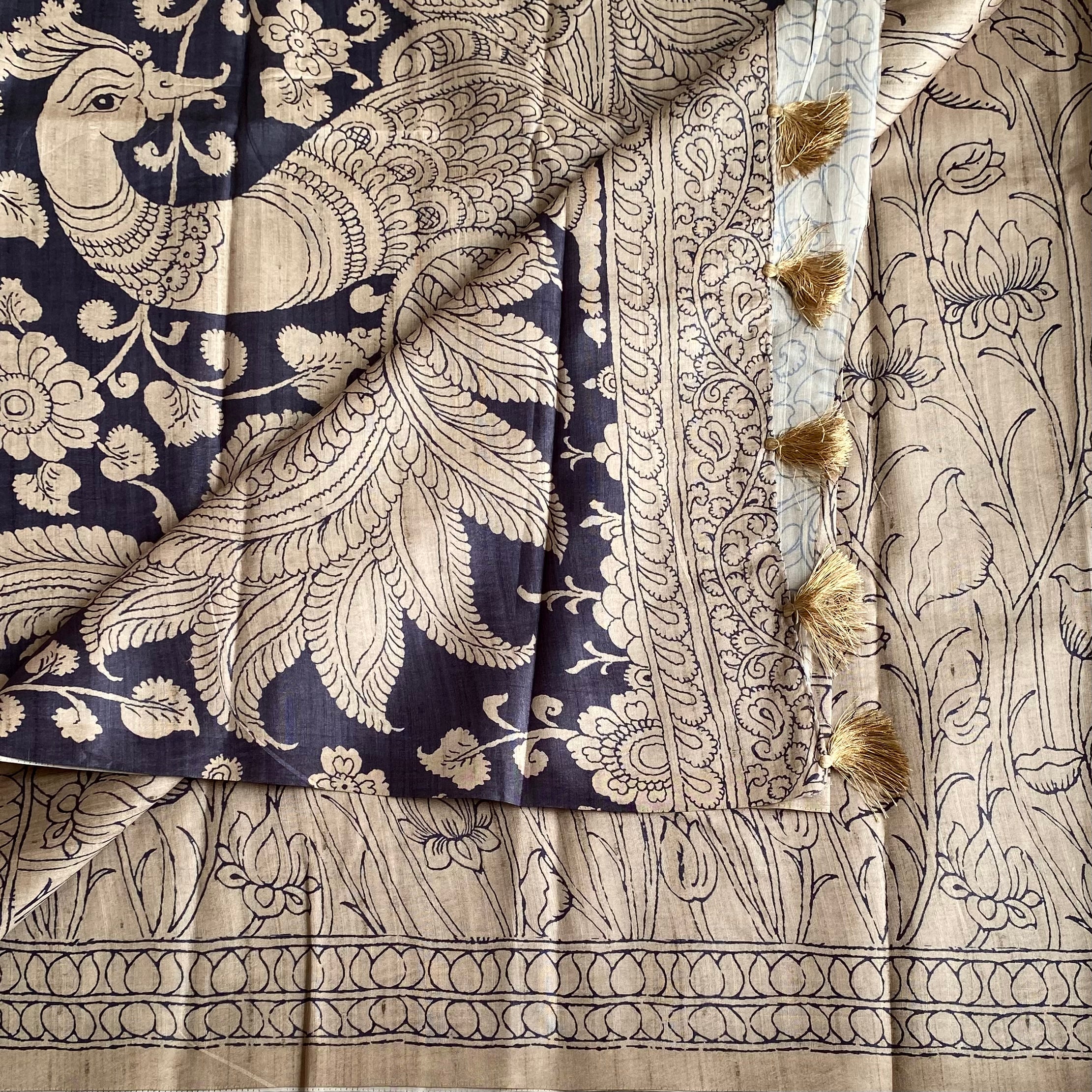 Earthy Beige Soft Tussar Silk Saree With Antique Designer Prints