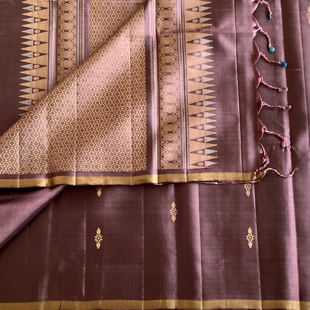 Deep Plum Designer Pure Silk Saree With Antique Gold Pallu