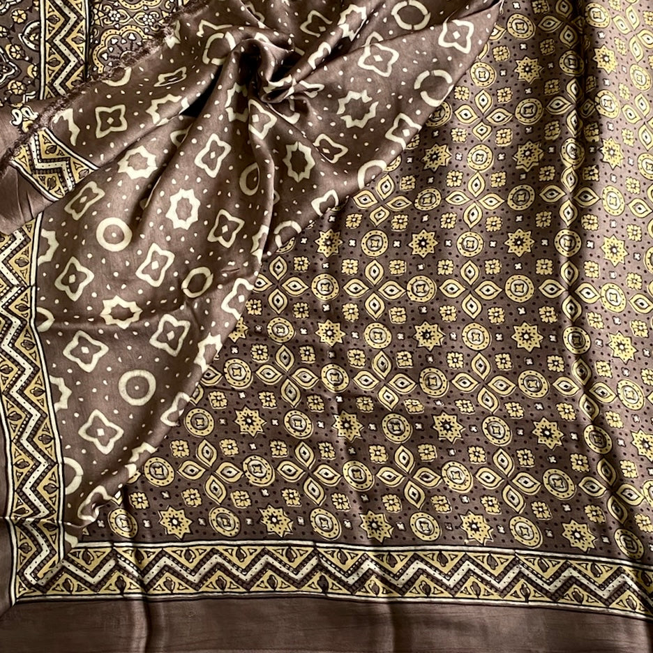 Taupe Brown AJRAKH HANDBLOCK PRINTED SILK Saree With Mustard Yellow Buttas