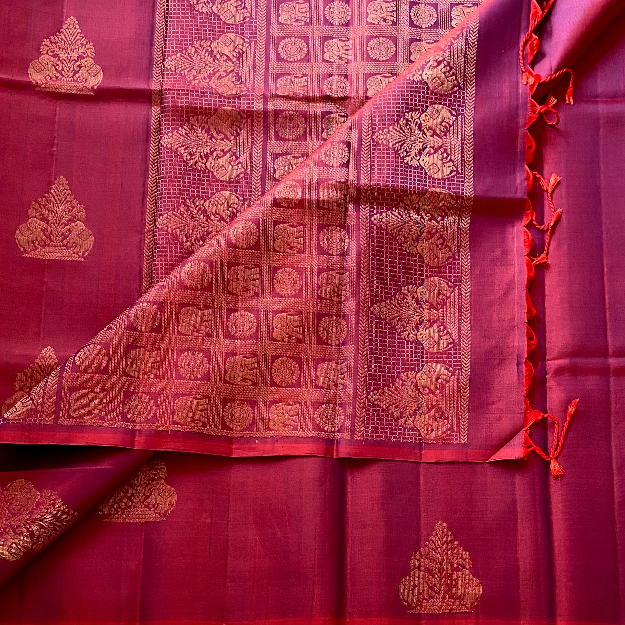 Dual Shaded Rust Plum Designer Pure Silk Saree Antique Gold Brocade Pallu