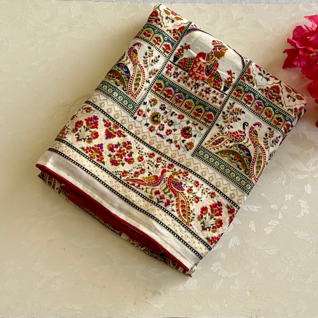 Ivory Paisley Peacock Saree Teal Magenta Gold Traditional Handloom Weave