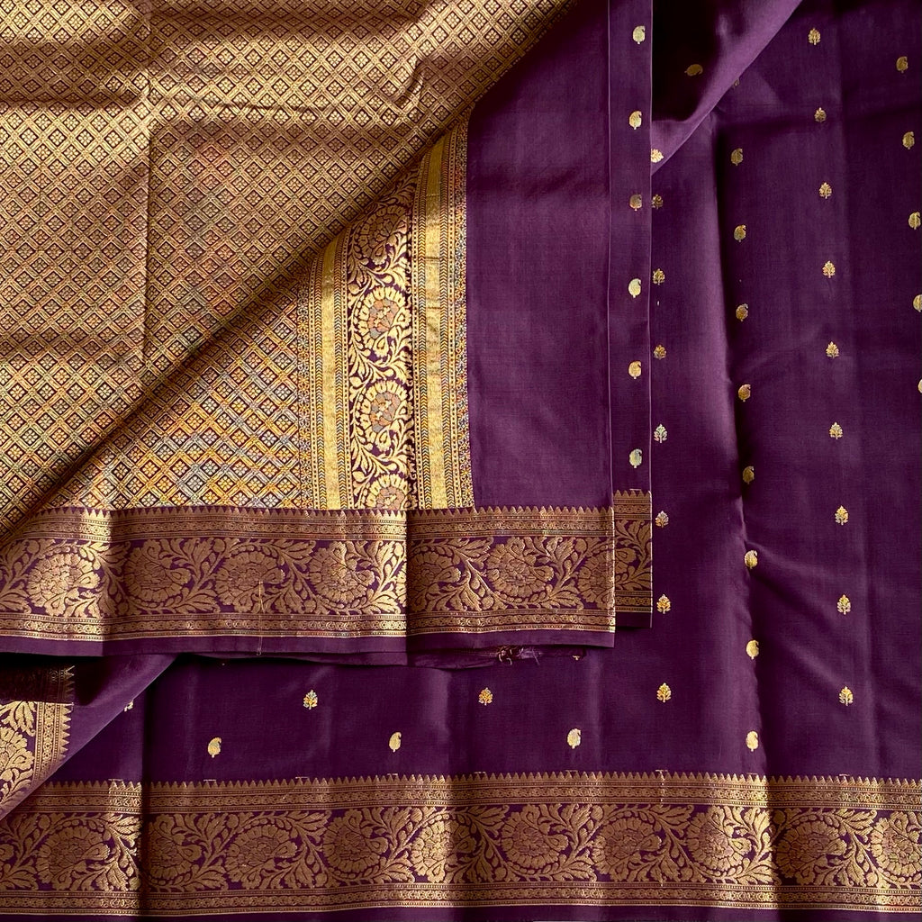 Deep Purple Designer Pure Silk Saree With Antique Gold Brocade Border