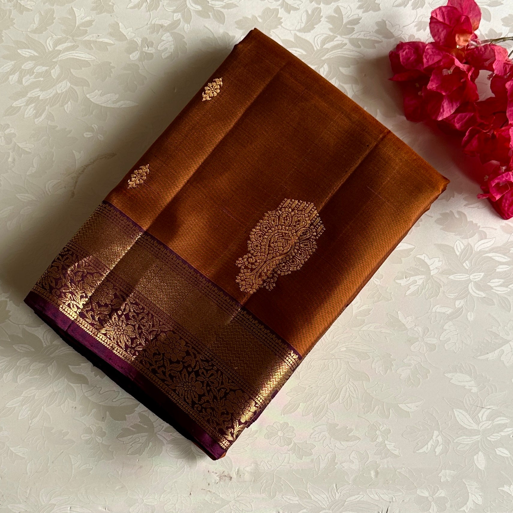 Burnt Orange Designer Pure Silk Saree With Plum Pallu And Zari