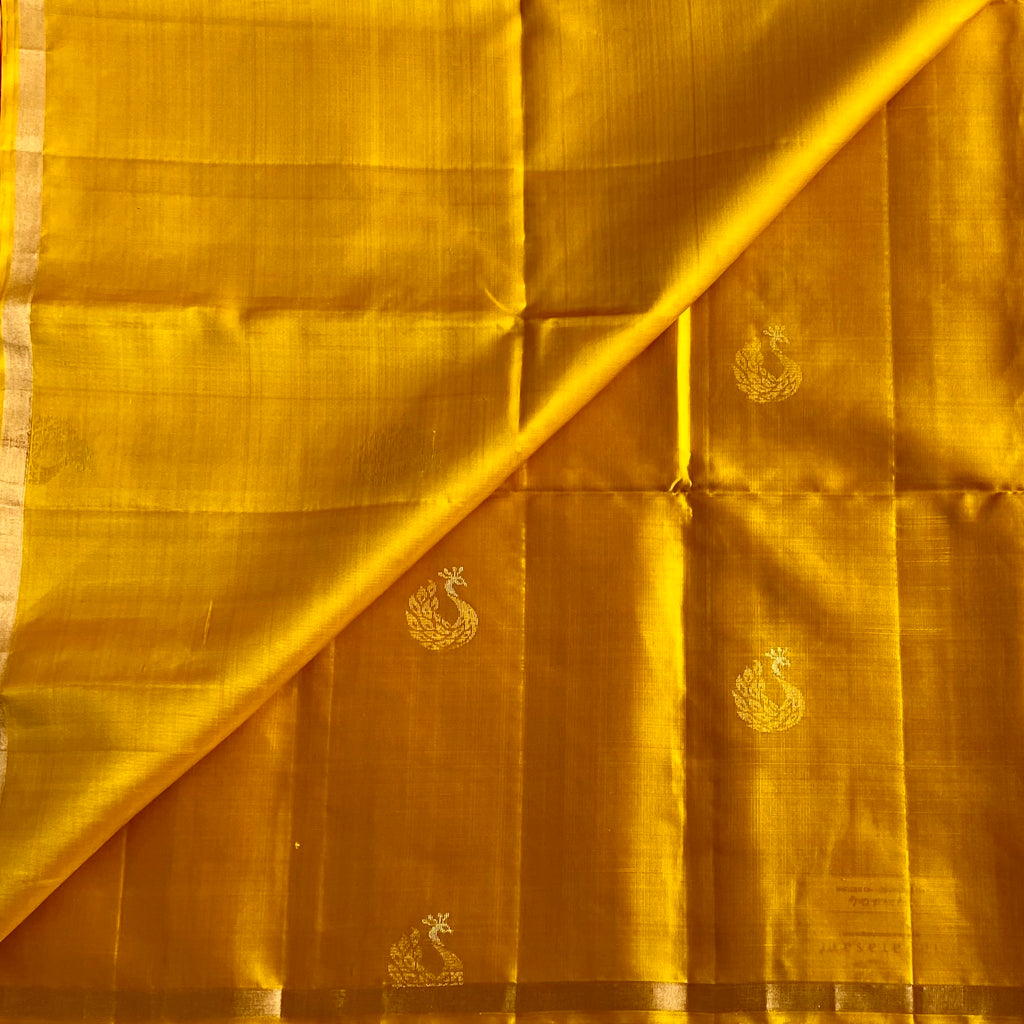 Mustard Yellow Designer Pure Silk Saree With Rani Pink Pallu