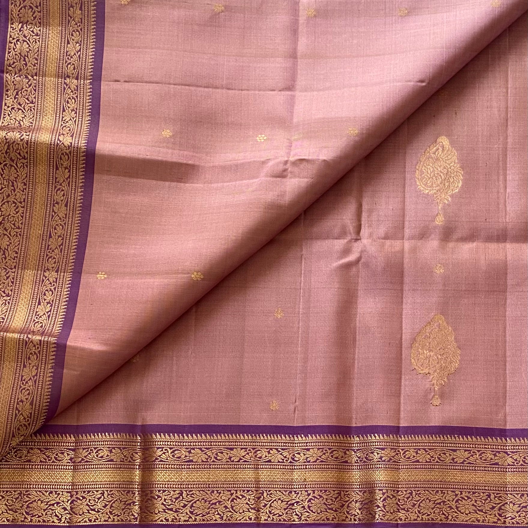 Rare Mauve Bronze Designer Pure Silk Saree Lavender Purple Zari Border Contrast Pallu