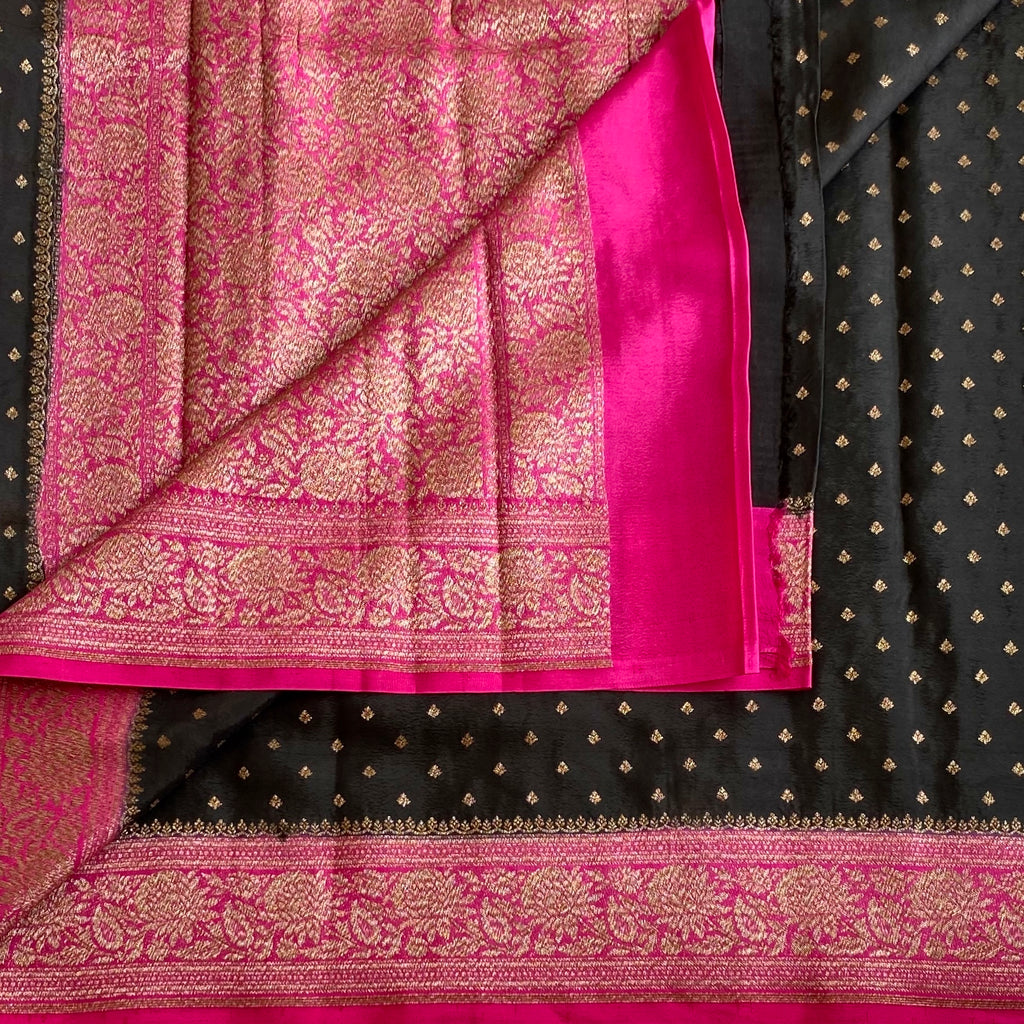 Jet Black Banarasi Crepe Silk Saree With Rani Pink Border