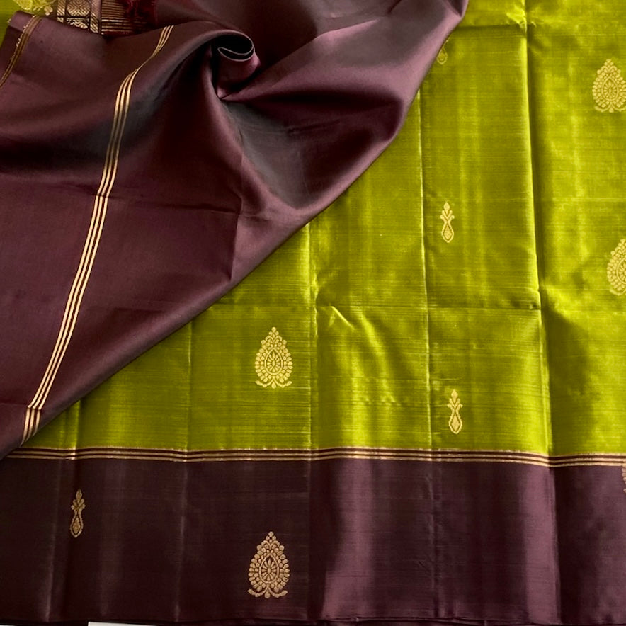 Bright Olive Green With Deep Plum Designer Pure Silk