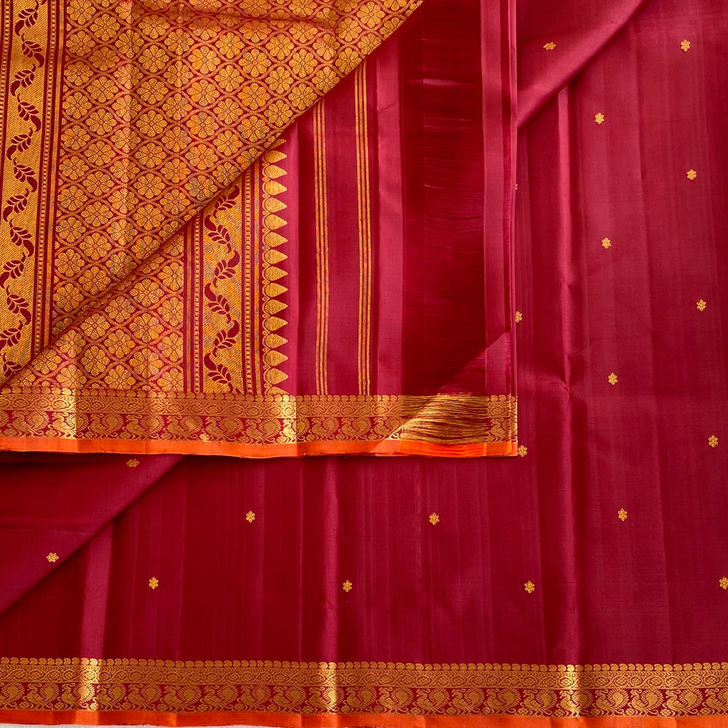 Deep Maroon Red Kanjeevaram Pure Zari Silk Saree With Antique Gold Zari