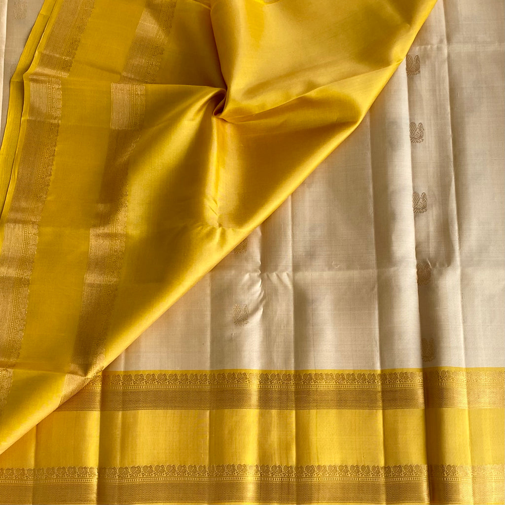 Beige with Golden Yellow Designer Pure Silk Saree with Retta Pett borders