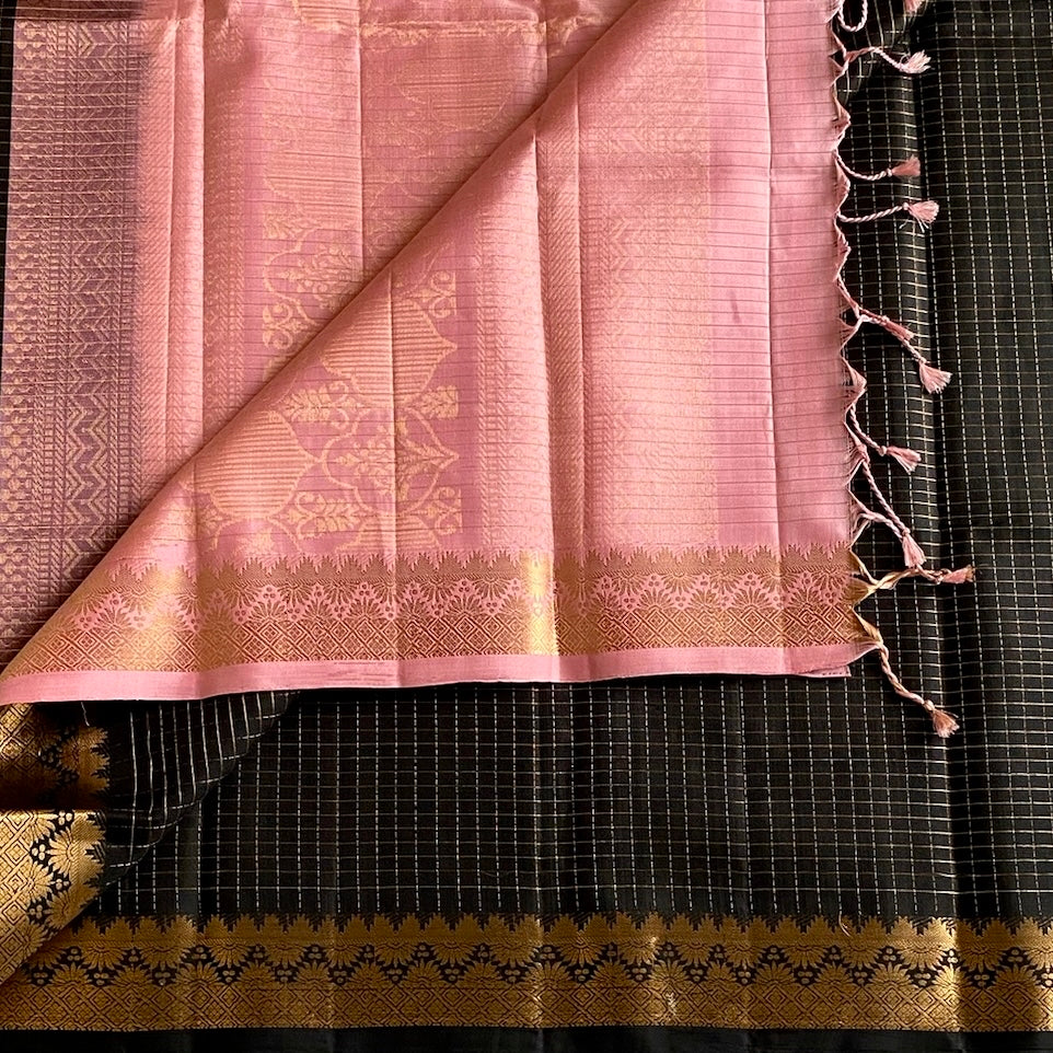 Jet Black Checkered Designer Pure Silk With Blush Pink Pallu