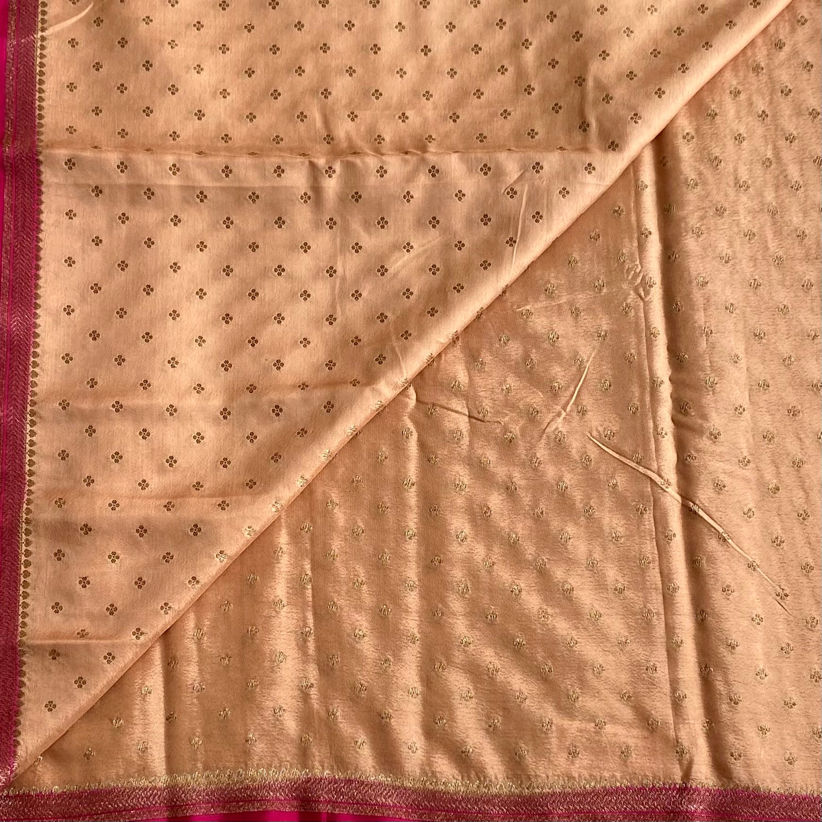 Peach Beige Banarasi Crepe Silk Saree With Rani Pink Pallu