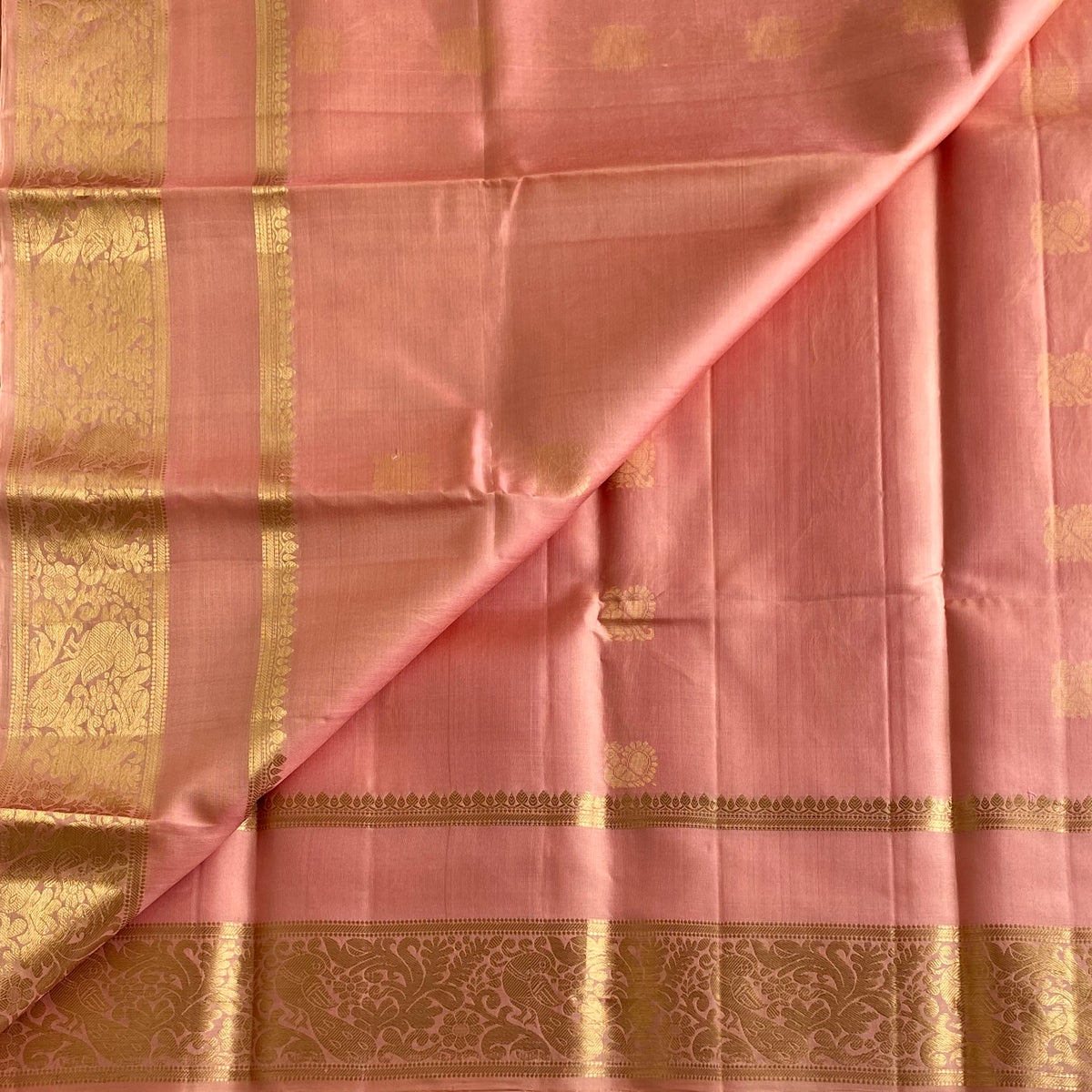 Dreamy Blush Pink Designer Pure Silk Saree With Antique Gold Zari