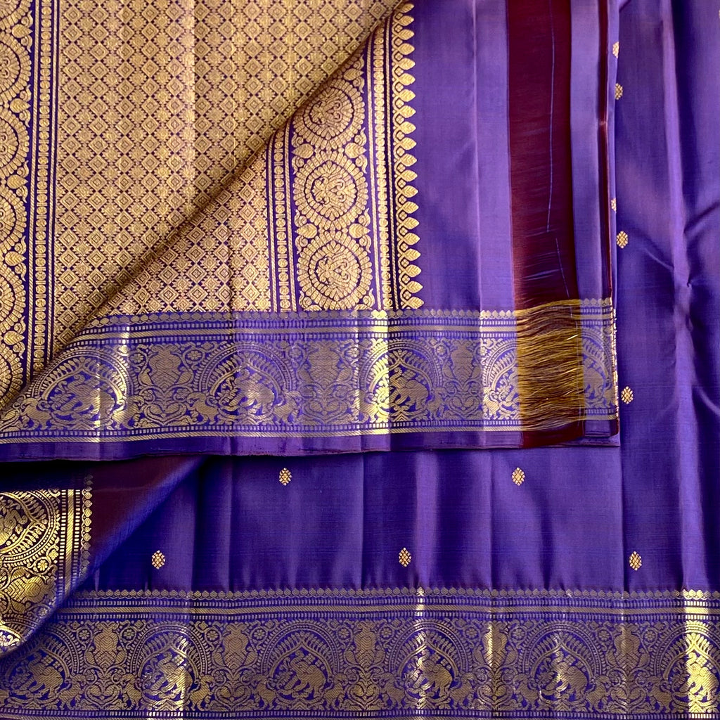Kanjeevaram Pure Zari Silk Tacao Purple Saree With Zari Gold Border