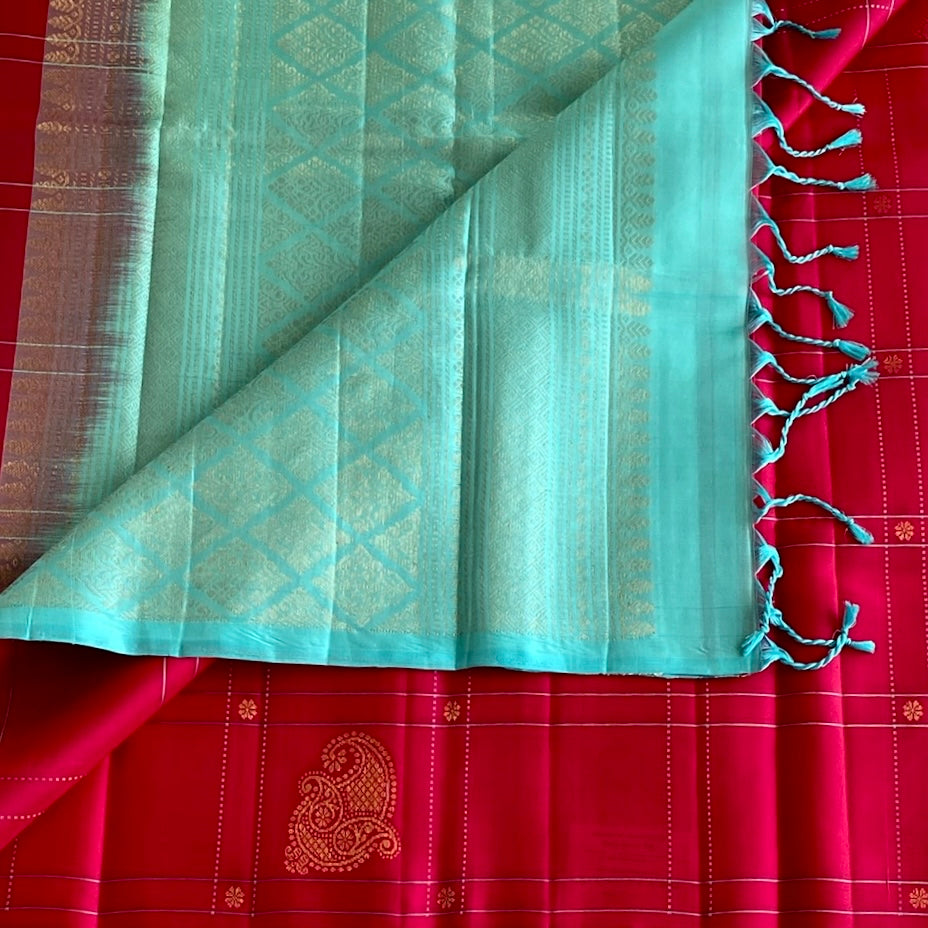 Rani Pink Designer Pure Silk Saree With Aqua Turquoise Pallu