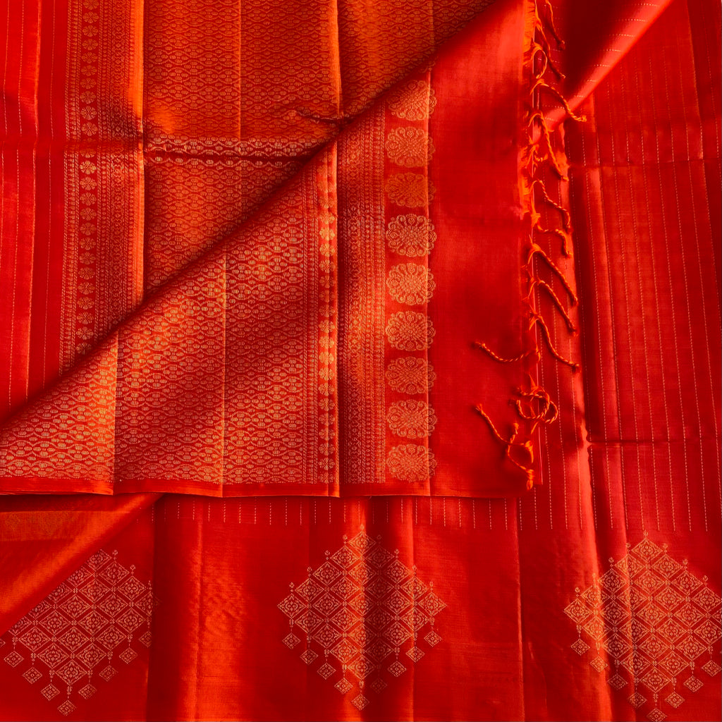Crimson Orangish Red Designer Pure Silk Saree With Antique Gold Zari