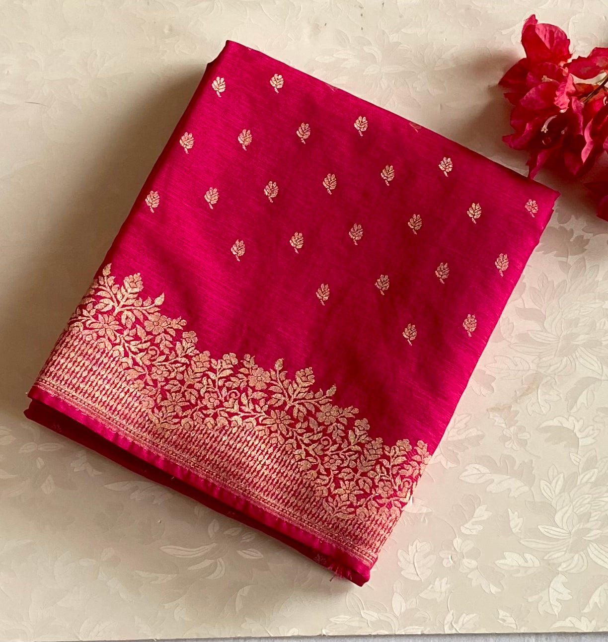 Fuchsia Silk Saree With Gold Brocade Border And Tassel Pallu