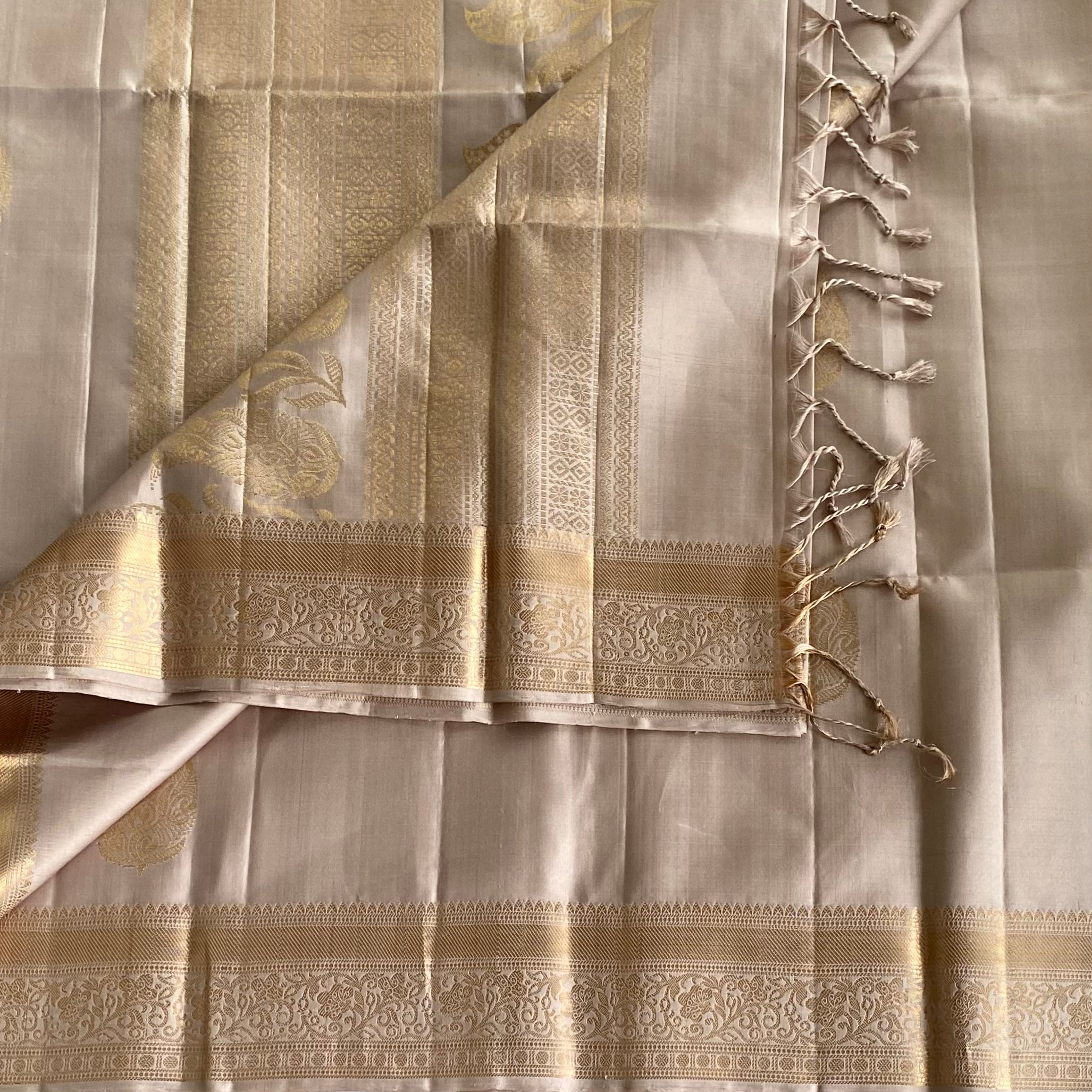 Champagne Designer Pure Silk Saree With Antique Gold Border