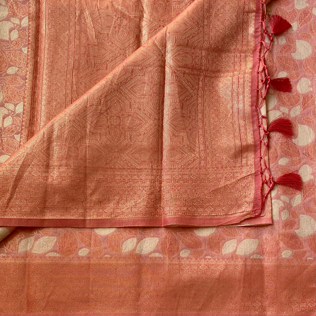 Coral Pink Golden Brocade Leaf Motif Saree With Tassels Festive