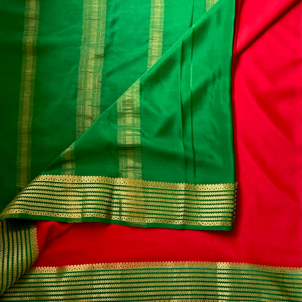 Crimson red wit bottle green Mysore silk stunner