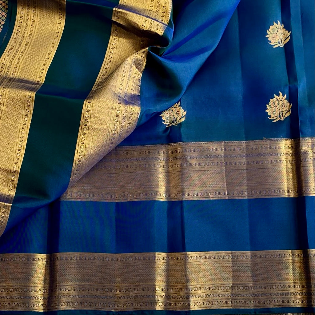 Peacock Blue Designer Pure Silk Saree With Antique Gold Pallu And Border