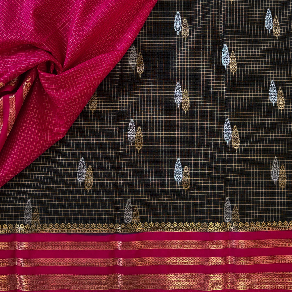 Charcoal Black Fuchsia Pink Zari Brocade Silk Saree Paisley Motifs