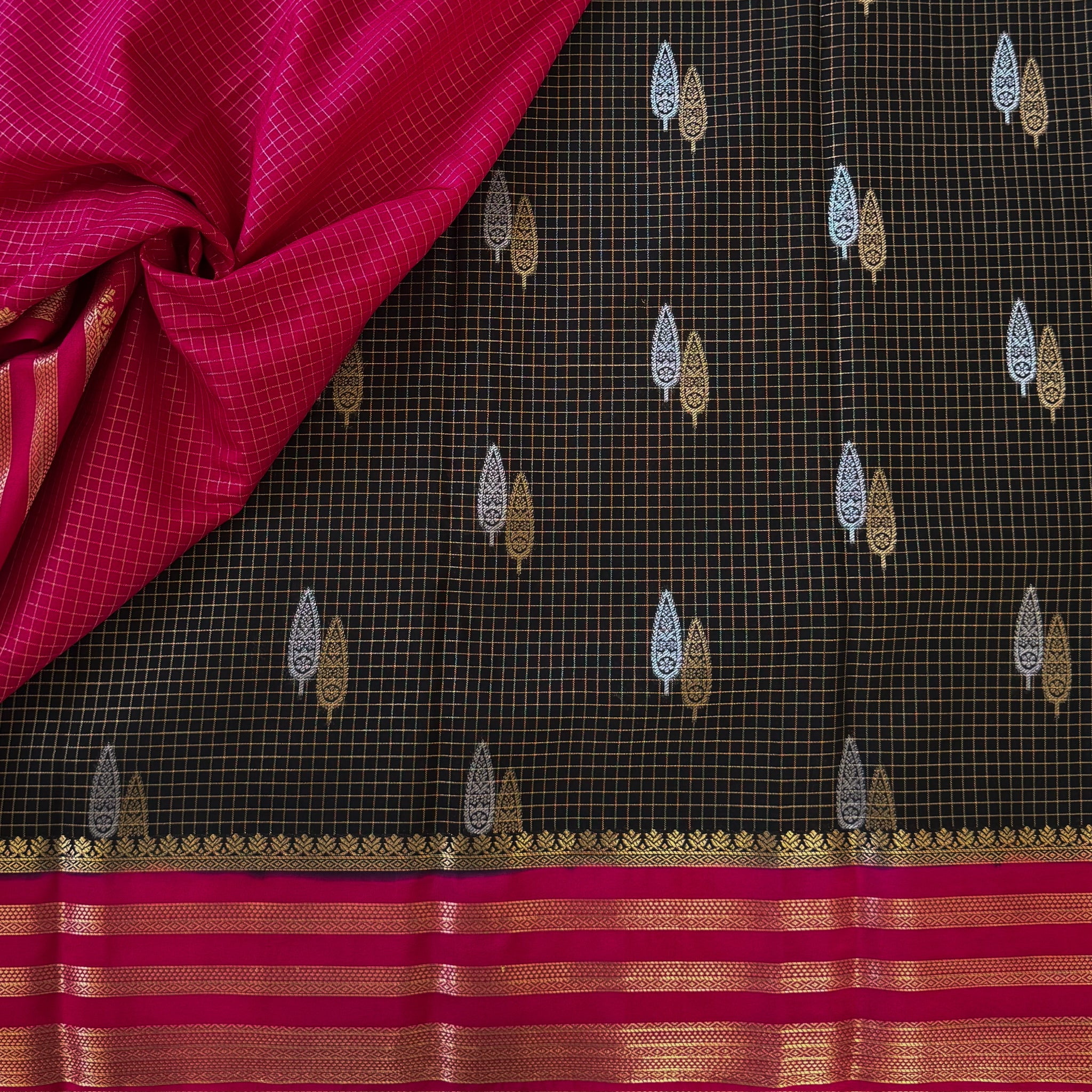 Charcoal Black Fuchsia Pink Zari Brocade Silk Saree Paisley Motifs