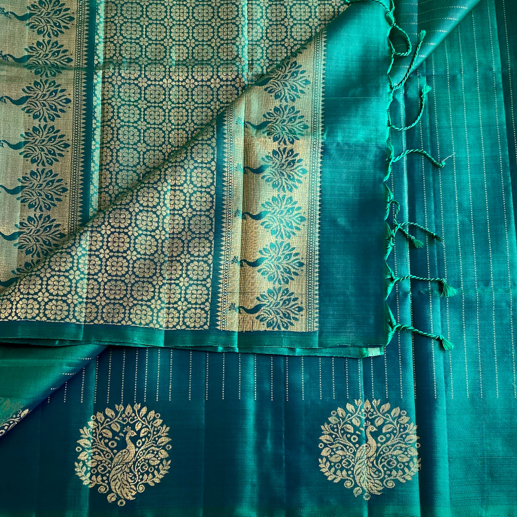 Peacock Blue Designer Pure Silk Saree With Gold Zari Peacock Motifs