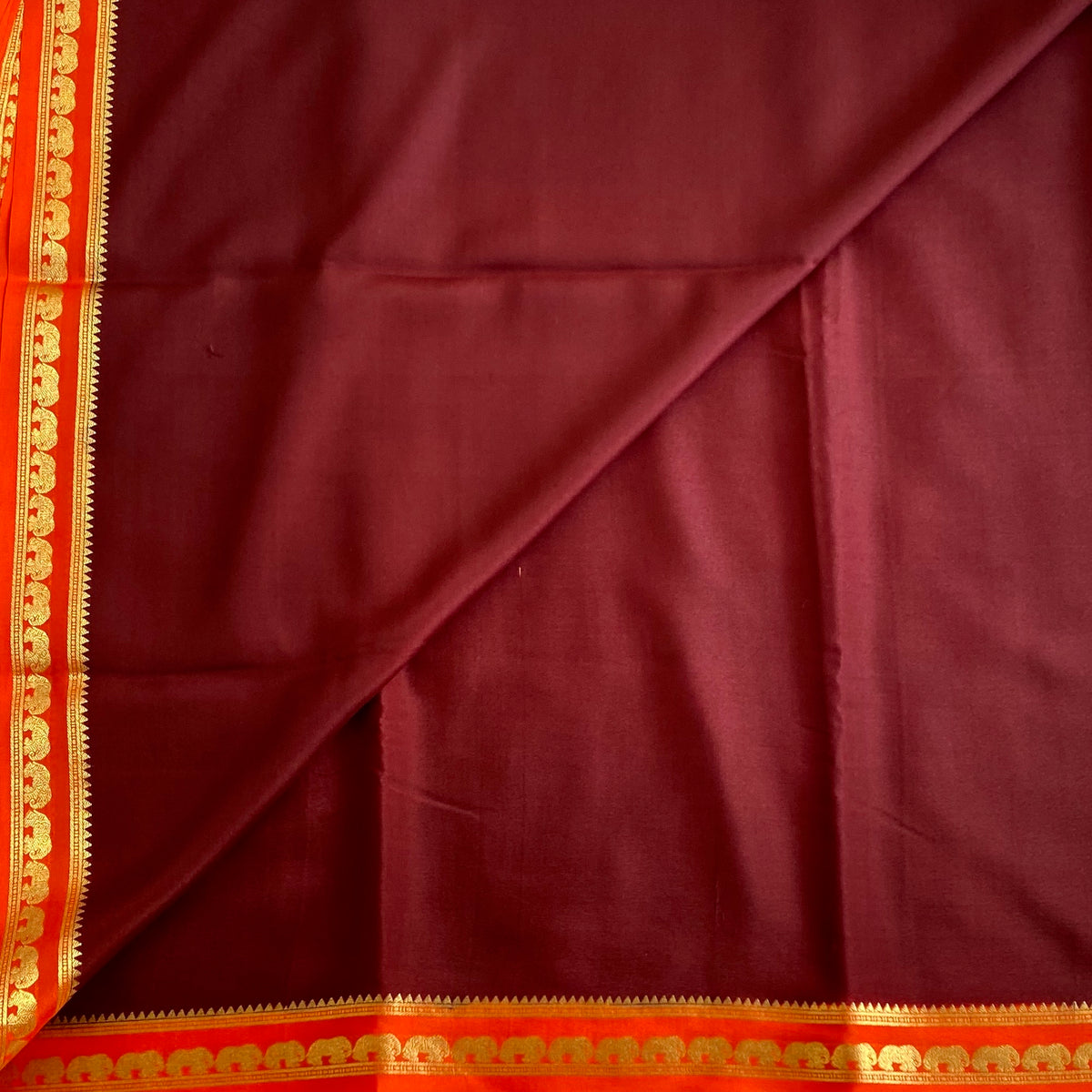 Deep Wine Brown Mysore Crepe Silk Saree With Sunset Orange Pallu