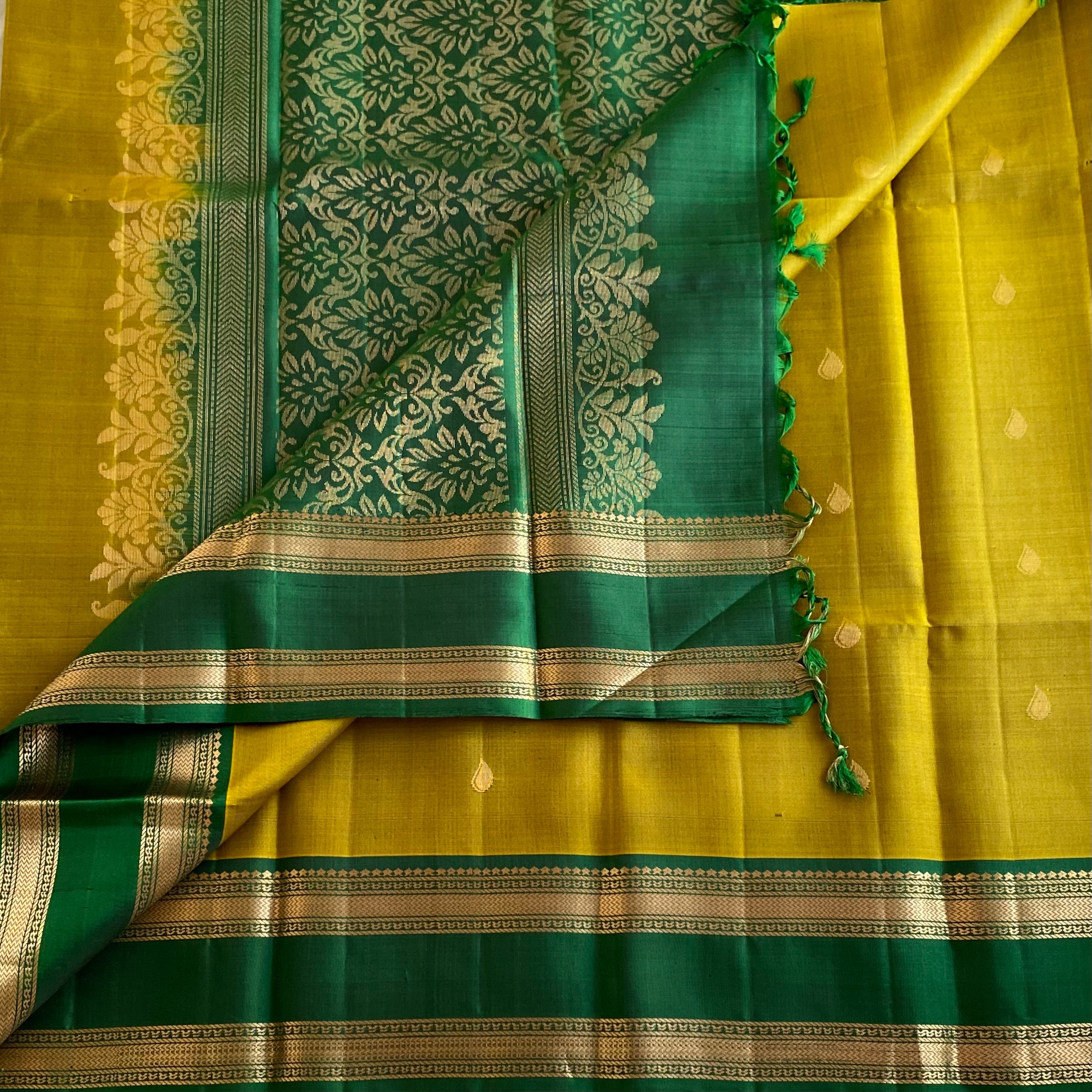 Mustard Yellow Designer Pure Silk Saree With Bottle Green Pallu