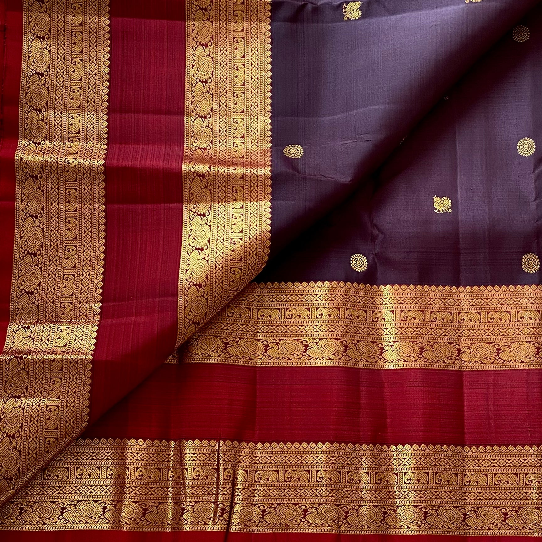Deep Wine Coffee Kanjeevaram Pure Zari Silk With Deep Maroon Pallu
