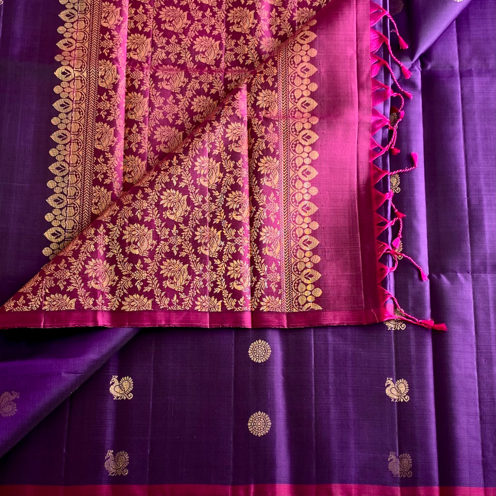Royal Purple Designer Pure Silk Saree With Magenta Pink Pallu