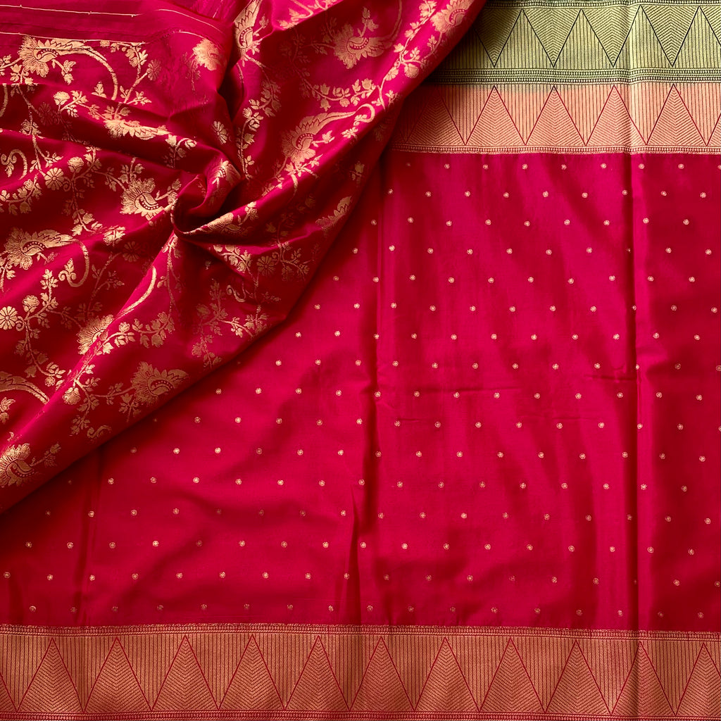 Half n half Bottle green with rani pink soft crepe silk